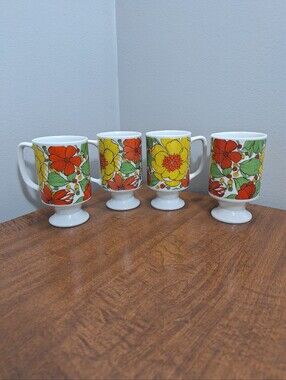 Vtg 60s-70s Goodwood Flower Power Set Of 4 Pedestal Coffee Mugs Retro Orange